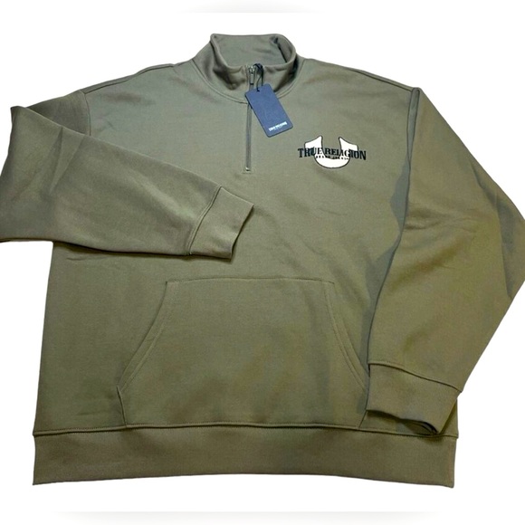Men’s True Religion Green Relaxed Mock Quarter Zip Fleece Pullover- NWT - Picture 9 of 11